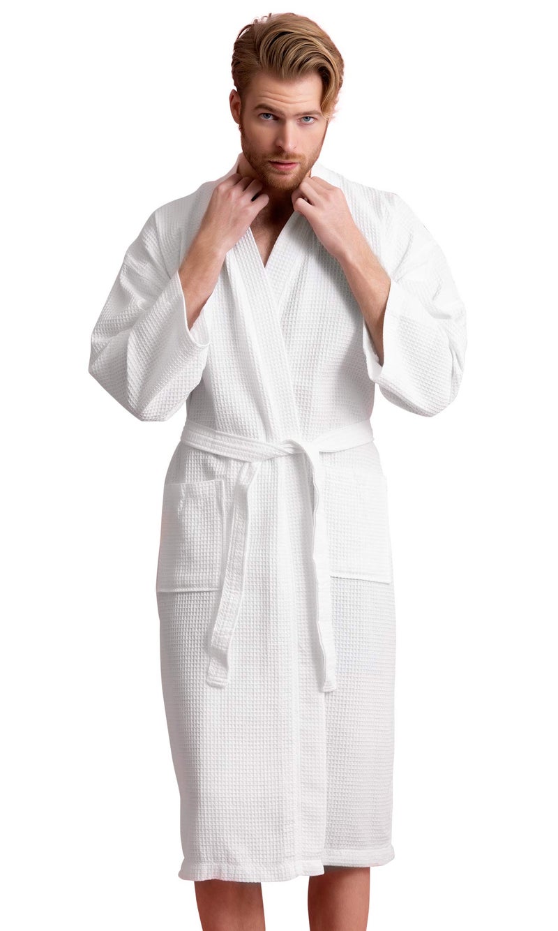 Soft Touch Linen Men's Cotton Waffle Bathrobe, Luxurious & Lightweight, Comfortable & Absorbent, Softness, Fast Dry, Adjustable wrap belt, Front 2 Pockets, Cozy Wear, (White, Large) - Image 1